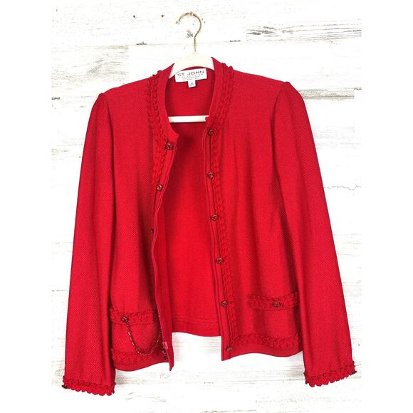 St John Women’s 10 Red Knits Wool Crochet Zip Front Designer Jacket NEW - Picture 5 of 9